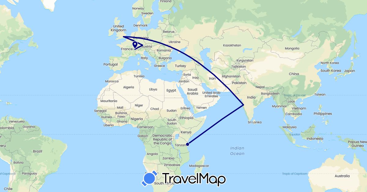 TravelMap itinerary: driving in Switzerland, Germany, United Kingdom, India, Tanzania (Africa, Asia, Europe)